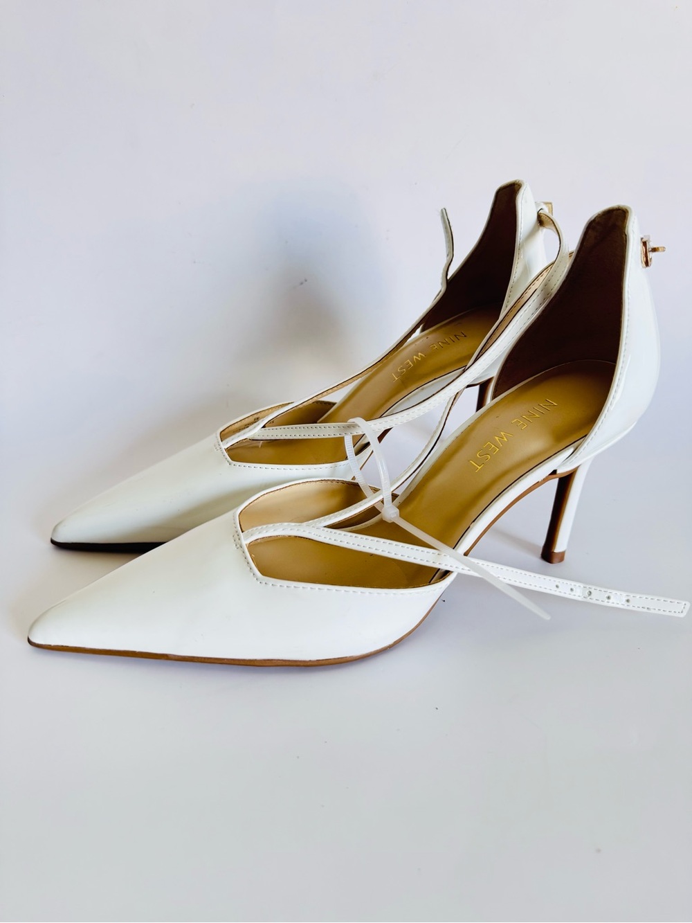 Nine West White Pointed Toe Slingback Stiletto Heels with Ankle Tie